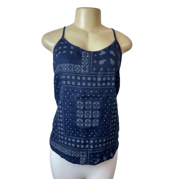 J.Crew Womens Navy Blue Bandana Print Spaghetti Strap Linen Tank Top Size 2 - Picture 1 of 5